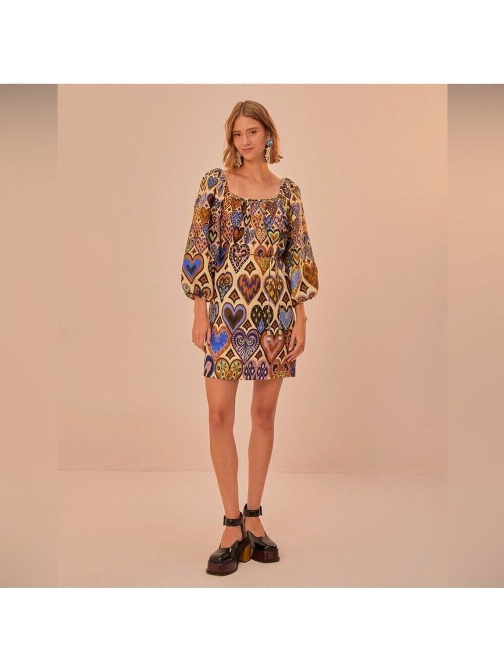 Farm Rio Cream Hearts Ikat Long Sleeve Mini Dress